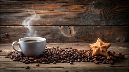 Poster - Aromatic Coffee Steam Rising from a Cup Beside Roasted Beans and a Star-Shaped Pastry on Rustic Wood