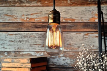 Poster - A light bulb hangs from the ceiling next to a stack of books, perfect for illustration purposes