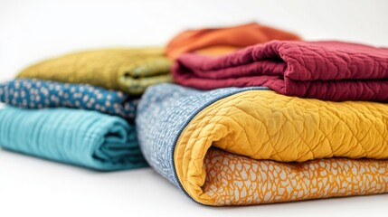 Poster - A stack of vibrant quilts on a clean white background