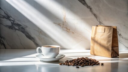 Poster - Sunlit Coffee Scene A Cup of Coffee, Roasted Beans, and a Paper Bag on a Marble Surface