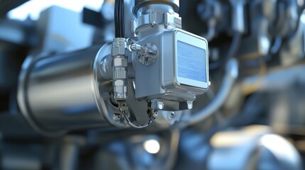 Poster - Innovative sensor with digital display monitoring industrial production process in a modern factory, ensuring quality control and efficient manufacturing