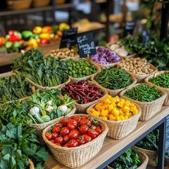 Poster - Colorful fruits and vegetables displayed in wicker baskets
