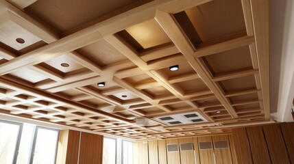 Poster - A suspended ceiling in an office setting, made of plasterboard with neatly installed ventilation and lighting panels