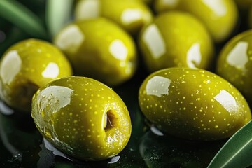 Poster - Fresh green olives surrounded by leaves, ideal for food or nature photography