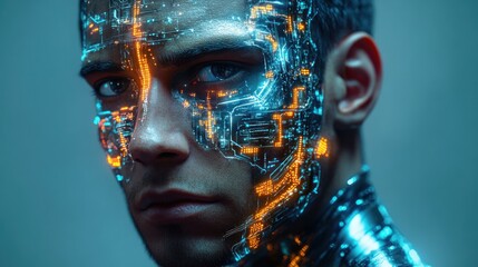 Poster - Human-technology fusion represented by a young man with glowing circuitry on his face. Generative AI