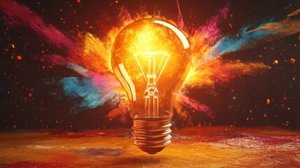 Poster - Bright light bulb sparks creativity with colorful explosion against a dark background. Generative AI