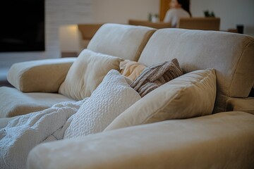 Aufkleber - A couch with pillows in a cozy living room setting