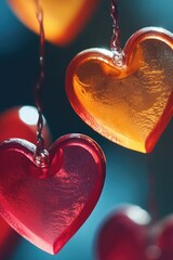 Poster - Two hearts suspended from a string in a tight frame, ideal for use as a symbol of love and relationships