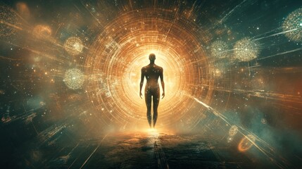 Poster - Silhouette of a figure surrounded by glowing particles in a cosmic setting. Generative AI