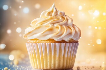 Wall Mural - A single cupcake with creamy frosting on a flat surface, perfect for food photography or advertising