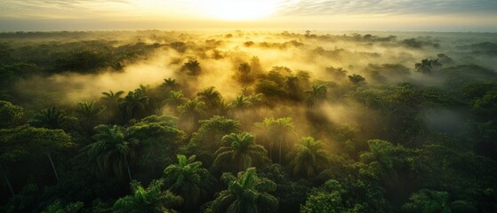 Wall Mural - Golden light filters through a dense tropical forest during sunrise, illuminating the mist rising from the lush canopy of palm trees