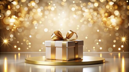 Leinwandbilder - A Luxurious Gift Box with a Golden Bow on a Pedestal Against a Sparkling Background