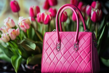 Poster - A pink purse sits among a bouquet of tulips