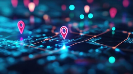Poster - Futuristic interactive digital map showing location pins and glowing target, representing innovative production and global logistics in a technological world