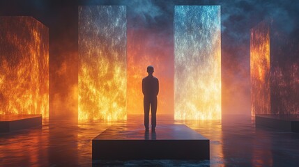 Poster - Person standing in front of glowing structures with vibrant colors in a dark, atmospheric environment. Generative AI