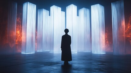 Poster - Mystical figure stands in awe before glowing pillars in a captivating, surreal environment. Generative AI