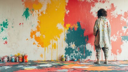 Poster - Creative mural painting activity taking place in an artist's studio with vibrant colors and materials. Generative AI