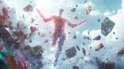 Poster - Bright figure emerging from colorful crystals in a surreal cloud-filled sky at dawn. Generative AI