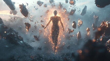 Poster - Ethereal figure emerges from glowing fragments in a mystical landscape at twilight. Generative AI