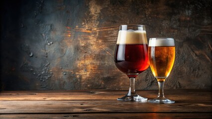 Poster - Two Glasses of Frothy Beer on Rustic Wooden Table