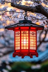 Poster - A red lantern hangs from a tree branch adorned with white flowers, providing a warm and inviting ambiance
