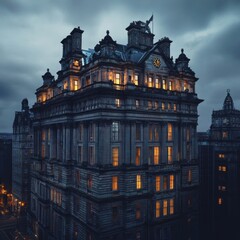 Poster - A large city hall building with a prominent clock tower, ideal for use in urban or civic-themed projects