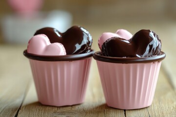 Poster - Cupcakes sit on top of a wooden table, perfect for displaying sweet treats or as a decorative centerpiece