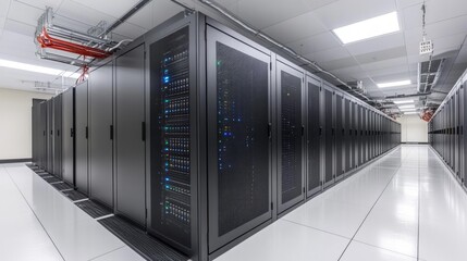 Poster - Rows of black server racks fill a modern data center with blue and green lights blinking, highlighting advanced technology and efficient cooling solutions