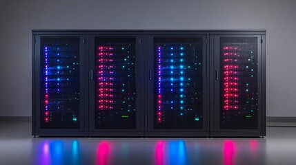 Poster - rows of illuminated server racks display vibrant blue and pink lights, indicating operational status
