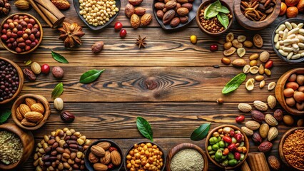 Poster - A Bountiful Collection of Diverse Nuts, Seeds, and Grains Arranged on Rustic Wooden Surface