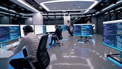 Leinwandbilder - Tech professionals collaborating in a modern workspace with multiple screens