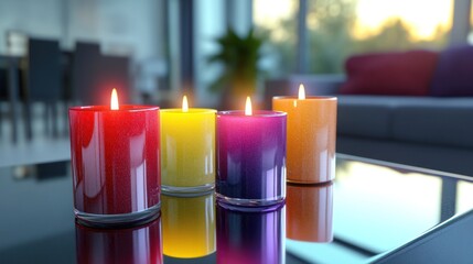 Poster - Colorful candles illuminate a modern living room during sunset creating a warm atmosphere. Generative AI