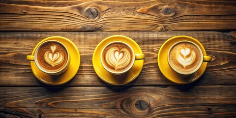 Wall Mural - Three Yellow Cups of Latte Art on Wooden Surface