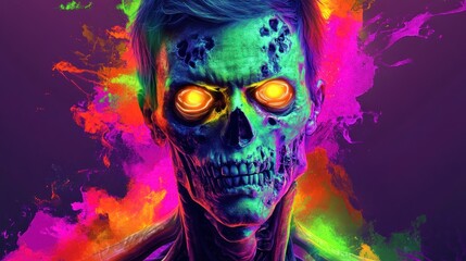 Poster - Colorful neon skull with glowing eyes captures a vibrant, surreal atmosphere. Generative AI
