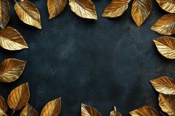 Poster - A decorative border made of gold leaves on a dark, matte black surface