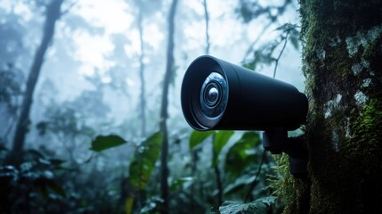 Poster - A camera is mounted on the side of a tree in a forest, capturing the surrounding environment