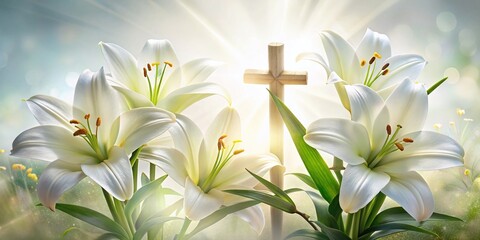 Wall Mural - Elegant Lilies and Crosses: Double Exposure Stock Photo