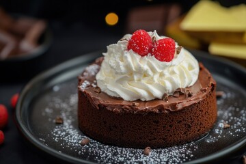 Wall Mural - A delicious-looking chocolate cake topped with whipped cream and fresh raspberries, perfect for a sweet treat or dessert