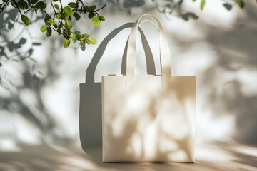Poster - A white bag sits on a wooden table, perfect for use in still life or interior design photography