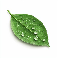 Wall Mural - Fresh Green Leaf with Perfectly Round Dew Drops on Its Surface, Reflecting Soft Morning Light, Isolated on White Background