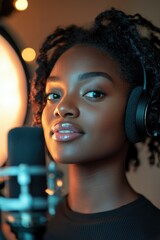 Wall Mural - A young woman wearing headphones is singing into a microphone