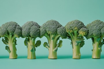 Poster - Close-up of a row of fresh broccoli on a green background