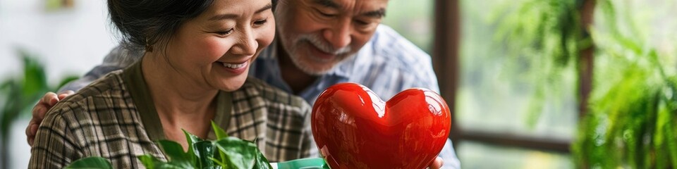 Poster - A couple gazing at a bright red heart, a symbol of love and affection
