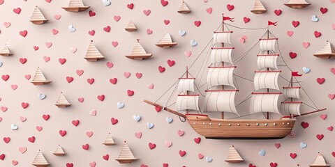 Aufkleber - A large sailboat surrounded by small sailboats and hearts on a pale background.