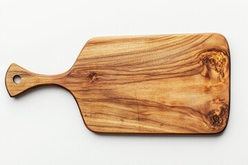 Poster - A wooden cutting board placed on a clean and simple white surface, ideal for food preparation or cooking demonstrations