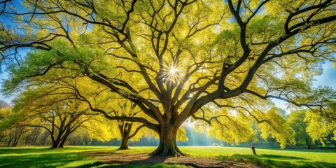 Aufkleber - Majestic Springtime Tree Basking in Golden Sunlight, Serene Meadow Landscape