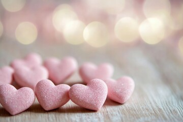 Wall Mural - A bunch of pink heart-shaped candies arranged on a table, ideal for romantic or whimsical themed designs