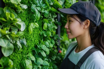 Aufkleber - A woman standing against a bright green wall with a neutral expression