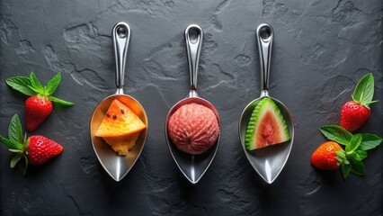 Poster - Summer Fruit Delight Watermelon, Cantaloupe, and Grapefruit Slices in Elegant Serving Spoons with Fresh Strawberries and Mint