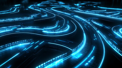 Fototapete - A glowing, abstract representation of winding pathways illuminated in blue, creating a futuristic and digital atmosphere.